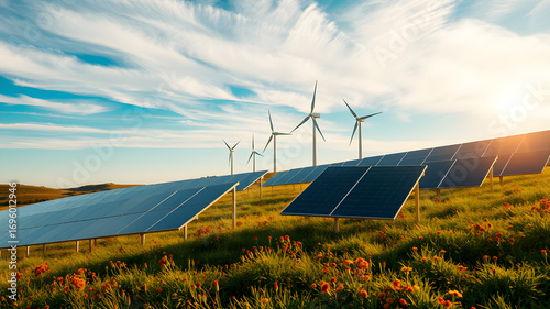 Green technology farm combining solar energy and wind power, eco future.