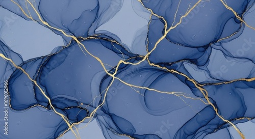 Ethereal Ink Art: A captivating piece of abstract artwork in mesmerizing shades of blue and gold, evoking a sense of tranquility and artistic elegance.