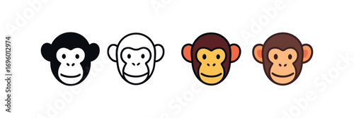 Vector icon chimpanzee face same pose same proportions four styles black solid glyph outline minimal flat multicolor filled cartoon flat shaded.