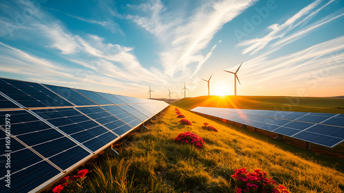 Photovoltaic panels and turbines at dawn, renewable power panorama.