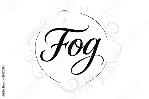 Fog elegant calligraphy lettering soft airy tone surrounded by abstract swirls circular frame composition clean white background vector look high contrast.