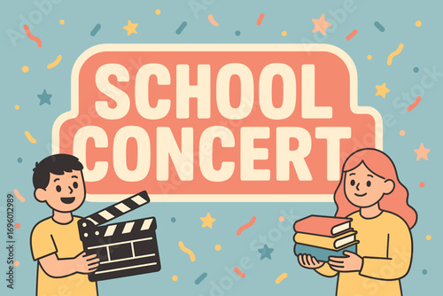 School Concert banner flat vector illustration bold oversized text inside outline cartoon characters holding clapper board and books pastel colors in powder blue pastel coral butter high.