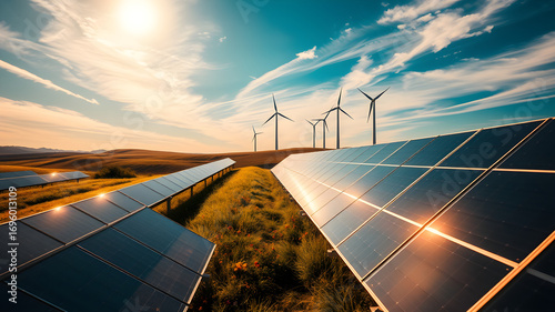 Solar farm with distant wind turbines on rolling hills, sustainable power.