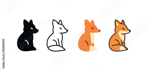 Vector icon fox sitting same pose same proportions four styles black solid glyph outline minimal flat multicolor filled cartoon flat shaded.