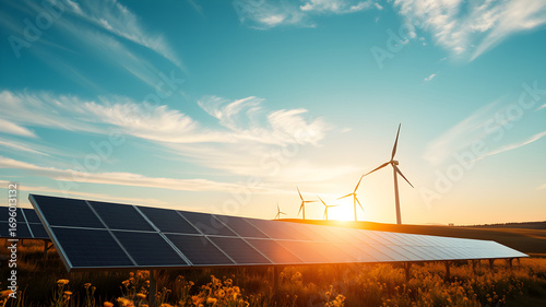 Hybrid solar and wind power station at sunset, clean energy landscape. 