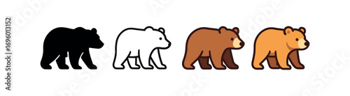 Vector icon grizzly bear same pose same proportions four styles black solid glyph outline minimal flat multicolor filled cartoon flat shaded.