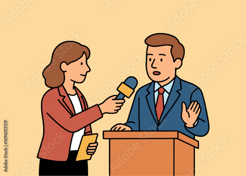 Journalist interviews businessman at podium for news broadcast vector illustration