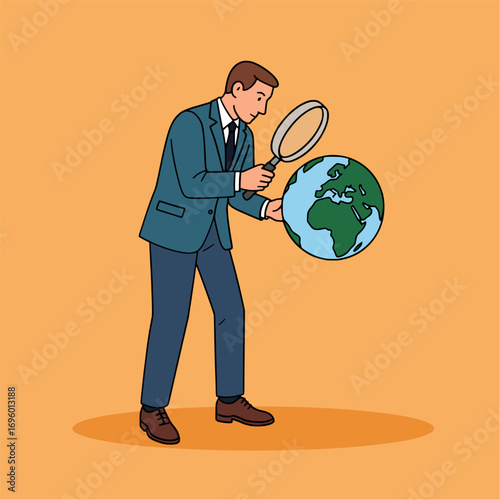 Businessman inspecting globe with magnifying glass for global business research and exploration