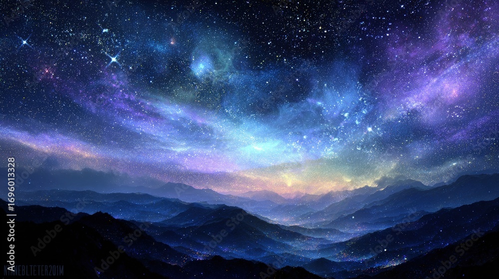 Fototapeta premium Starry Night Sky Over Misty Mountains