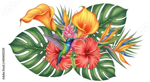 Tropical floral arrangement: A vibrant, meticulously crafted illustration showcasing an array of tropical flowers. Including, colorful, vibrant flowers and leaves.