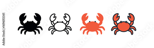 Vector icon crab walking same pose same proportions four styles black solid glyph outline minimal flat multicolor filled cartoon flat shaded.