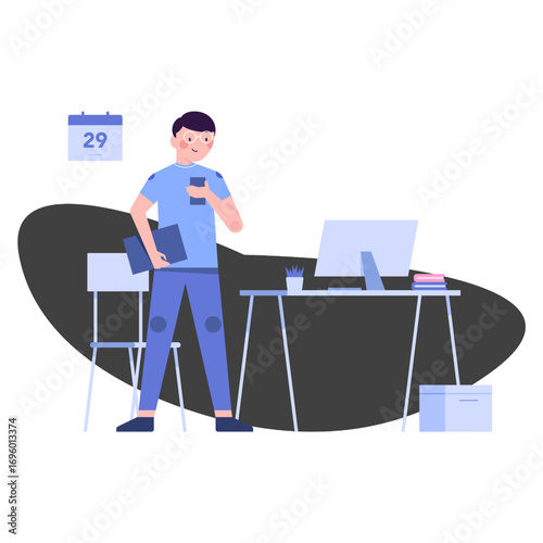 Male doctor holding medical records at reception desk in modern clinic vector illustration