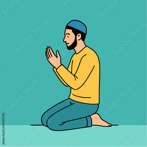 Vector illustration of muslim man praying kneeling in devotion and faith peaceful spiritual moment