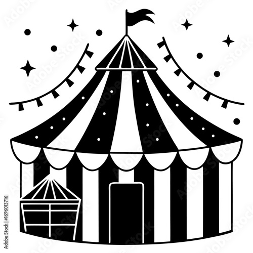 Classic Circus Tent Illustration with Festive Decorations Black and White Graphic Representation
