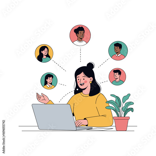 Diverse team collaborating remotely via video conference on laptop illustration