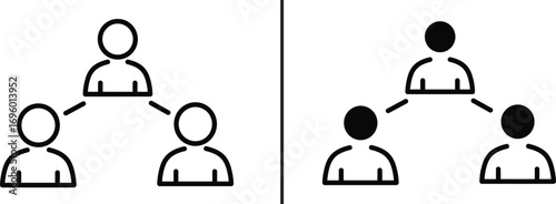 Iconic teamwork silhouette: Simplistic icons depicting collaboration and leadership, one with the lead figure's head colored to emphasize difference in a clean, minimalist graphic.