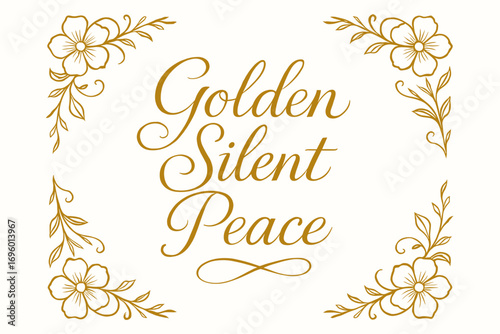 Golden Silent Peace thin line calligraphy with elegant luminous flow calm spiritual tone surrounded by floral ornaments centered with corner ornaments clean white background vector look.