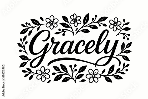 Gracely modern hand lettering luminous balanced strokes surrounded by floral ornaments horizontal balanced layout clean white background vector look high contrast.