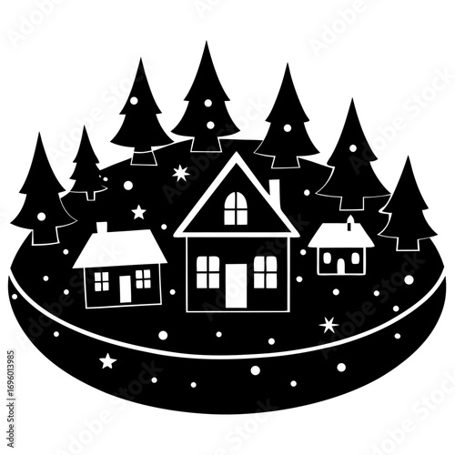 Winter Village Black and White Illustration with Christmas Trees Houses and Snowflakes Serene Holiday Season Design