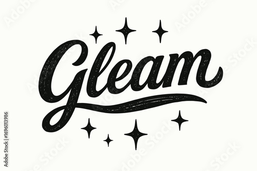 Gleam bold vintage calligraphy radiant rustic strokes surrounded by sparkles horizontal balanced layout clean white background vector look high contrast.
