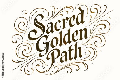 Sacred Golden Path elegant calligraphy with vintage accents mystical luminous style surrounded by abstract swirls diagonal decorative composition clean white background vector look high.