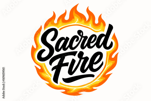 Sacred Fire modern hand lettering decorative bold strokes surrounded by glowing flames circular frame composition clean white background vector look high contrast.