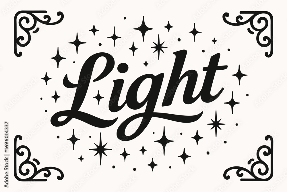Fototapeta premium Light bold vintage calligraphy luminous rustic curves surrounded by festive sparkles centered with corner ornaments clean white background vector look high contrast.
