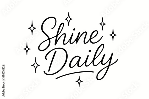 Shine Daily thin line calligraphy with luminous casual strokes surrounded by sparkles horizontal balanced layout clean white background vector look high contrast.