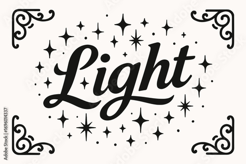 Light bold vintage calligraphy luminous rustic curves surrounded by festive sparkles centered with corner ornaments clean white background vector look high contrast.