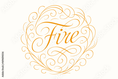 Golden Fire thin line calligraphy glowing warmth surrounded by abstract swirls circular frame composition clean white background vector look high contrast.