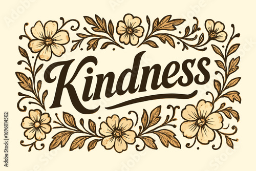 Kindness bold vintage calligraphy rustic luminous tone surrounded by floral ornaments horizontal balanced layout clean white background vector look high contrast.