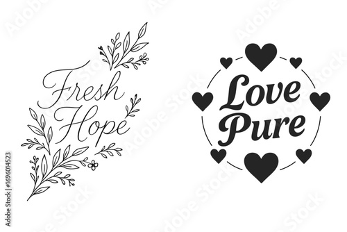 Fresh Hope thin line calligraphy airy minimalist tone surrounded by botanical ornaments diagonal decorative composition clean white background vector look high contrast.