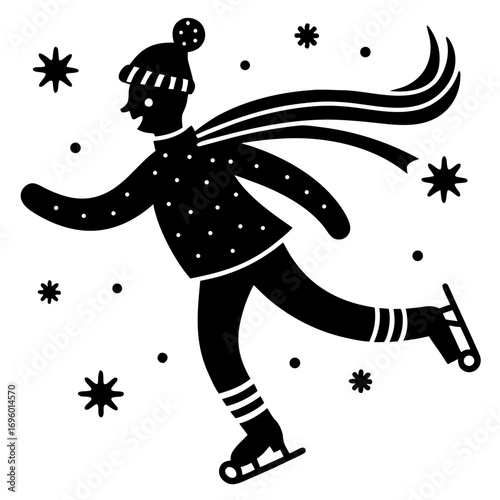 Stylized Ice Skater in Winter Attire Surrounded by Snowflakes Illustration for Holiday Season