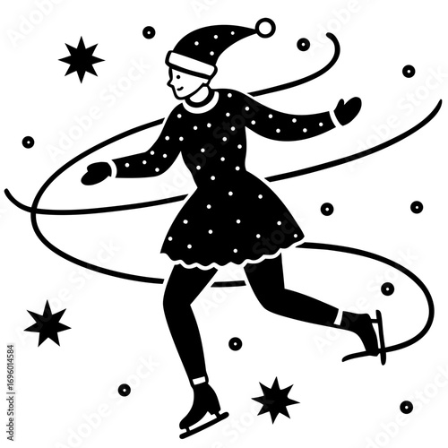 Winter fun ice skating girl with dotted dress and Santa hat graphic illustration design