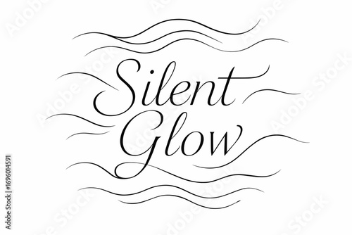 Silent Glow thin line calligraphy minimal elegant mood surrounded by abstract waves none clean white background vector look high contrast.