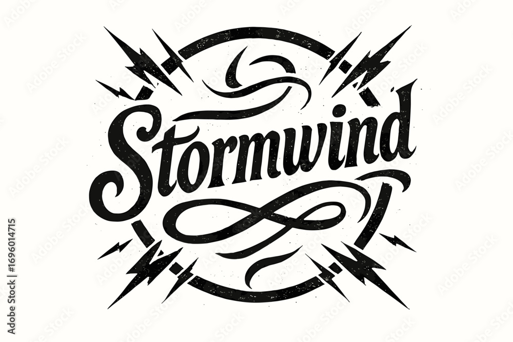 Fototapeta premium Stormwind bold vintage calligraphy rustic dramatic tone surrounded by lightning swirls circular frame composition clean white background vector look high contrast.
