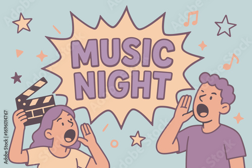 Music Night banner flat vector illustration bold oversized text inside comic burst cartoon characters shouting with clapper board pastel colors in pastel blue peach beige dusty lavender.