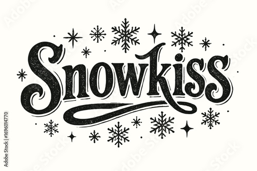 Snowkiss bold vintage calligraphy frosty rustic tone surrounded by snowflake sparkles horizontal balanced layout clean white background vector look high contrast.