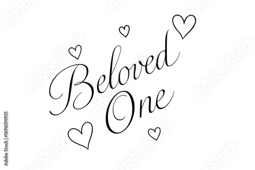 Beloved One thin line calligraphy delicate luminous strokes surrounded by hearts diagonal decorative composition clean white background vector look high contrast.