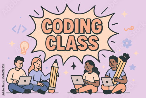 Coding Class banner flat vector illustration bold oversized text inside comic burst cartoon characters sitting with laptops and pencils pastel colors in lavender lilac baby blue peach beige.