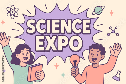 Science Expo banner flat vector illustration bold oversized text inside splash explosion cartoon characters waving with books and light bulbs pastel colors in lavender lilac mint green.