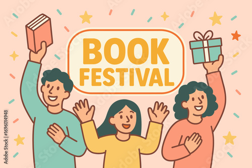 Book Festival banner flat vector illustration bold oversized text inside outline cartoon characters waving with books and gift boxes pastel colors in blush pink butter mint aqua high.