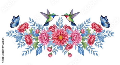 Blooming Flutter: Delicate watercolor artwork presents a vibrant floral arrangement, where graceful hummingbirds engage amidst blossoming flowers and fluttering butterflies.