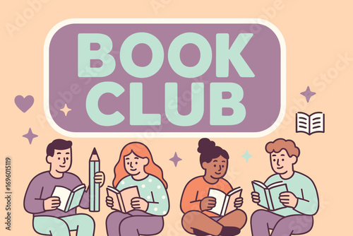 Book Club banner flat vector illustration bold oversized text inside outline cartoon characters sitting with books and pencils pastel colors in dusty lavender soft peach mint aqua high.