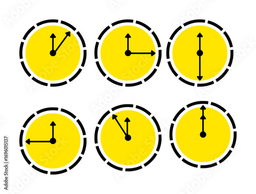 yellow clocks icon set showing six different time