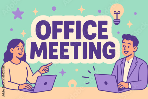 Office Meeting banner flat vector illustration bold oversized text inside outline cartoon characters pointing with laptops and light bulbs pastel colors in mint aqua pale peach lavender.