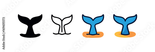 Vector icon whale tail same pose same proportions four styles black solid glyph outline minimal flat multicolor filled cartoon flat shaded.