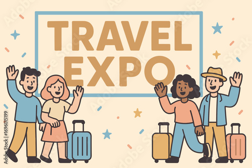 Travel Expo banner flat vector illustration bold oversized text inside rectangular frame cartoon characters waving with suitcases pastel colors in powder blue sand beige blush pink high.