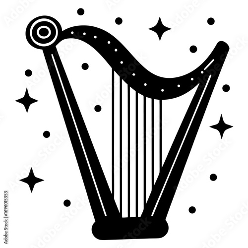 Elegant harp illustration with stars and dots floating around creating a magical and musical atmosphere perfect for creative projects