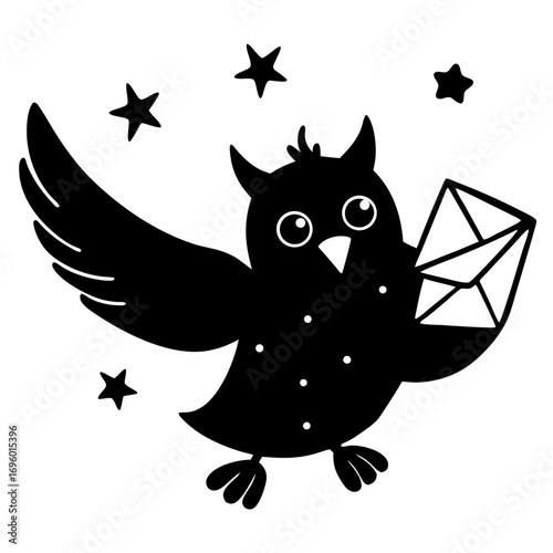 Adorable Owl Delivering a Letter Surrounded by Stars Black and White Vector Illustration for Children